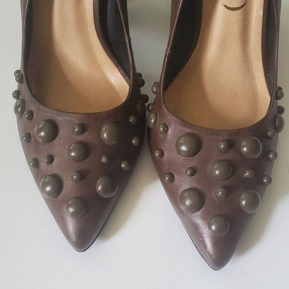 Vicenza Heels Brown Genuine Leather Block Heel Studded Point Toe Designer - Picture 3 of 12